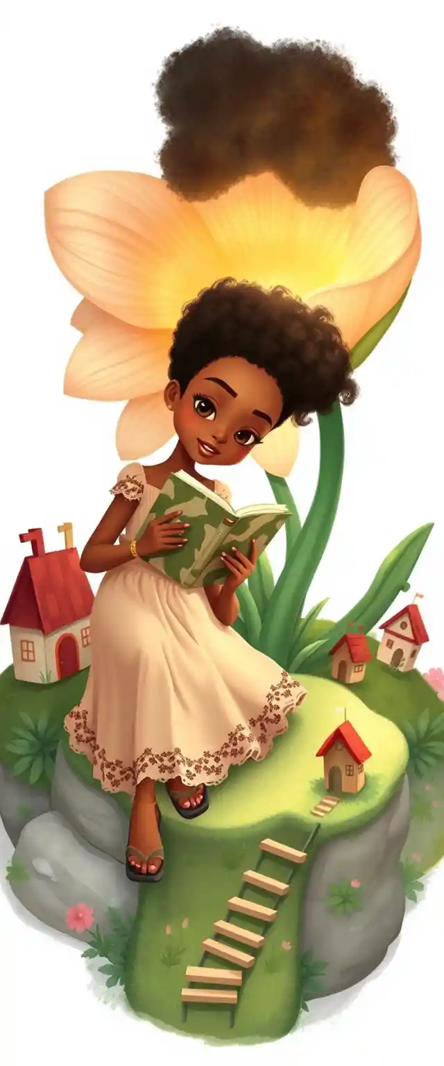 Illustrazione di una ragazza che legge dentro un fiore magico aperto
