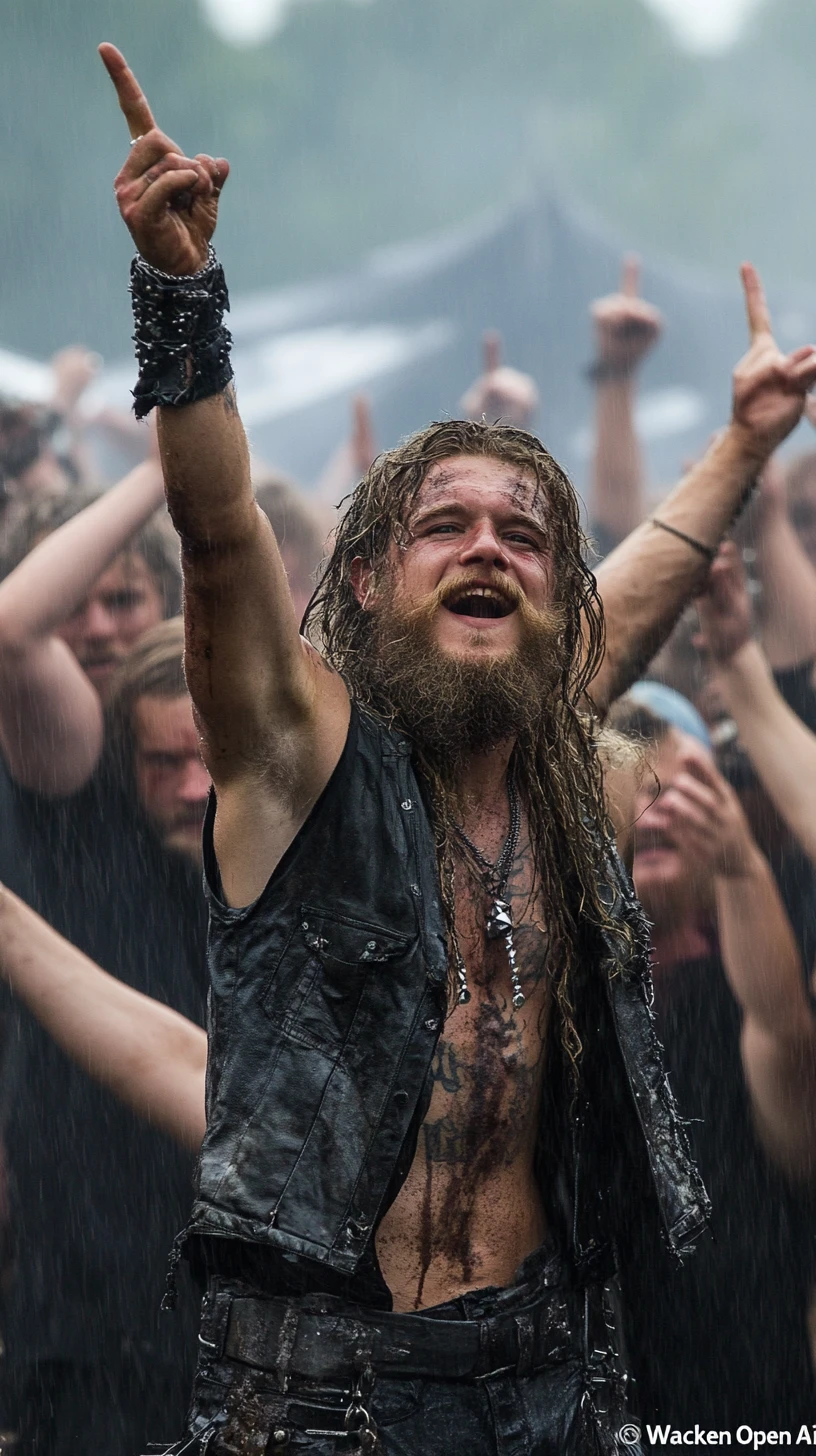 Festival crowd celebrating at Wacken Open Air in muddy rain