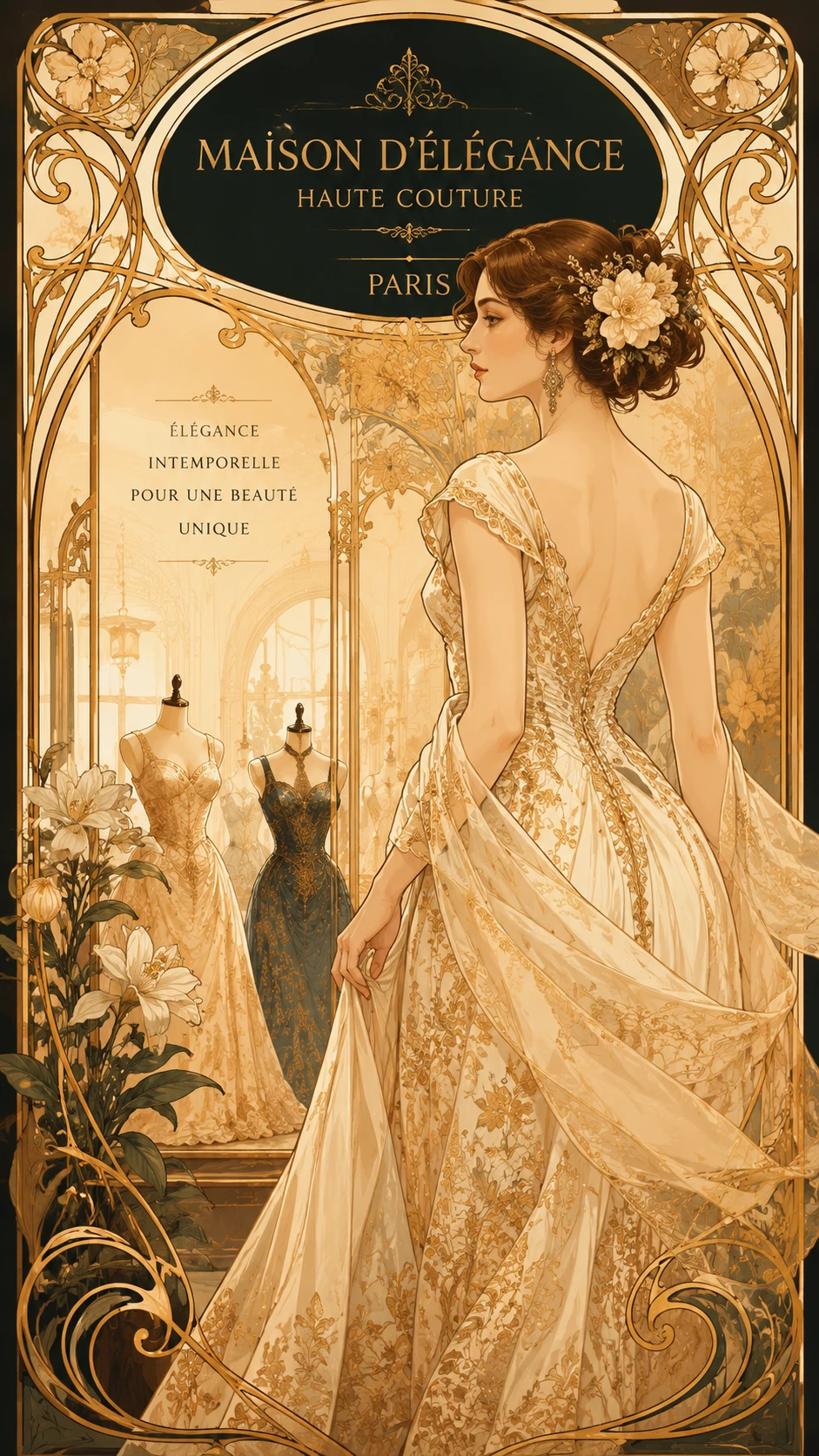 Ilustración art nouveau de una elegante escena de boutique de vestidos