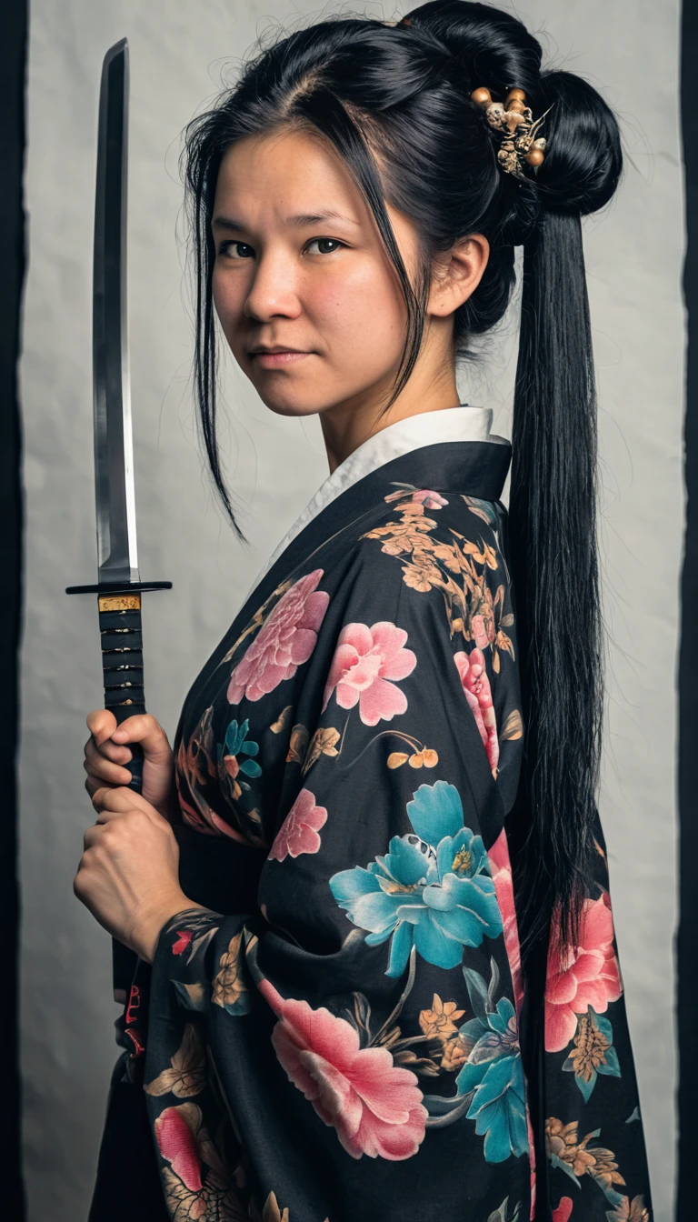 Mujer asiática tatuada arrodillada con una katana en estudio