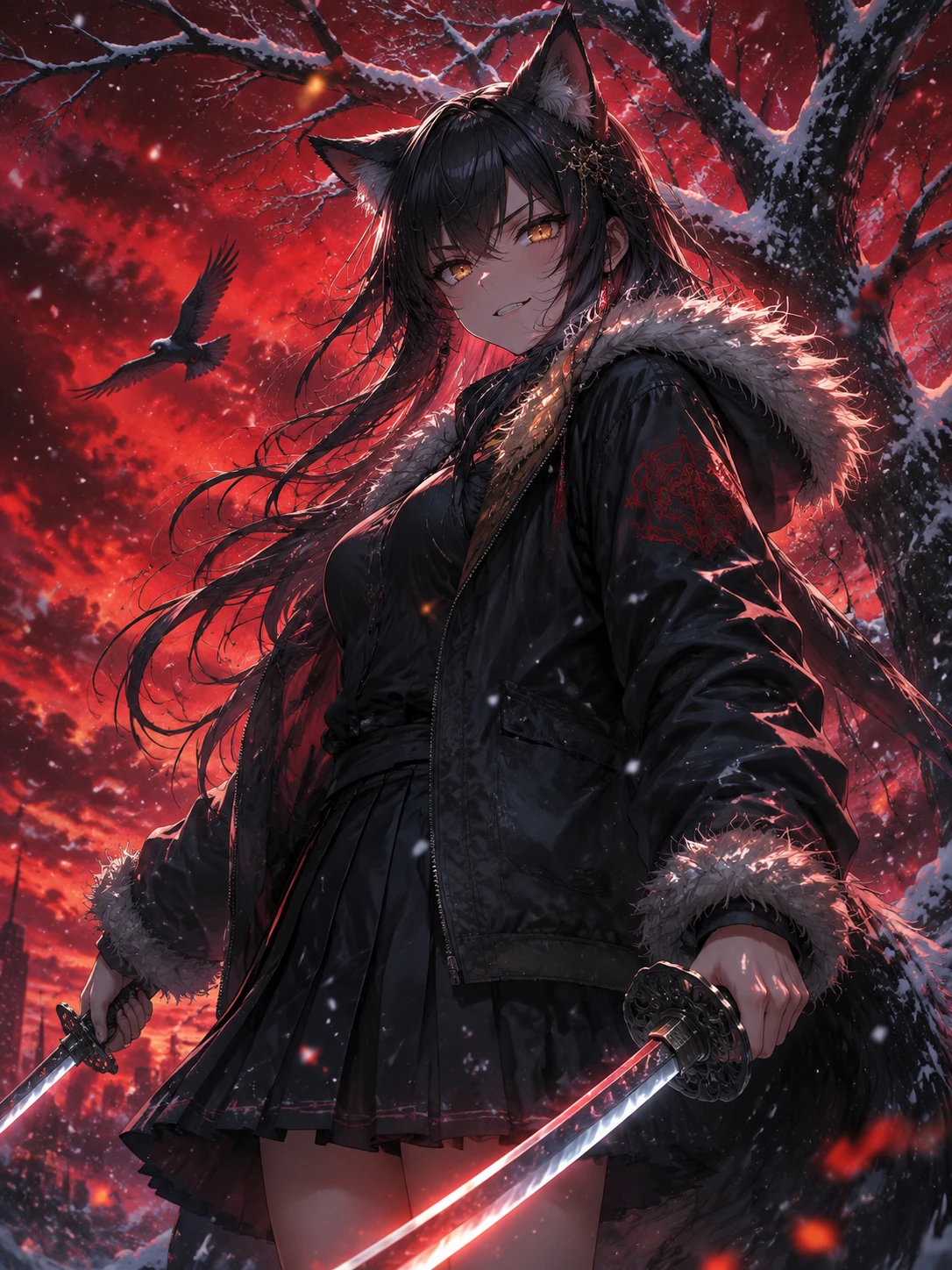 Chica de anime con orejas de gato y espadas en un atardecer nevado