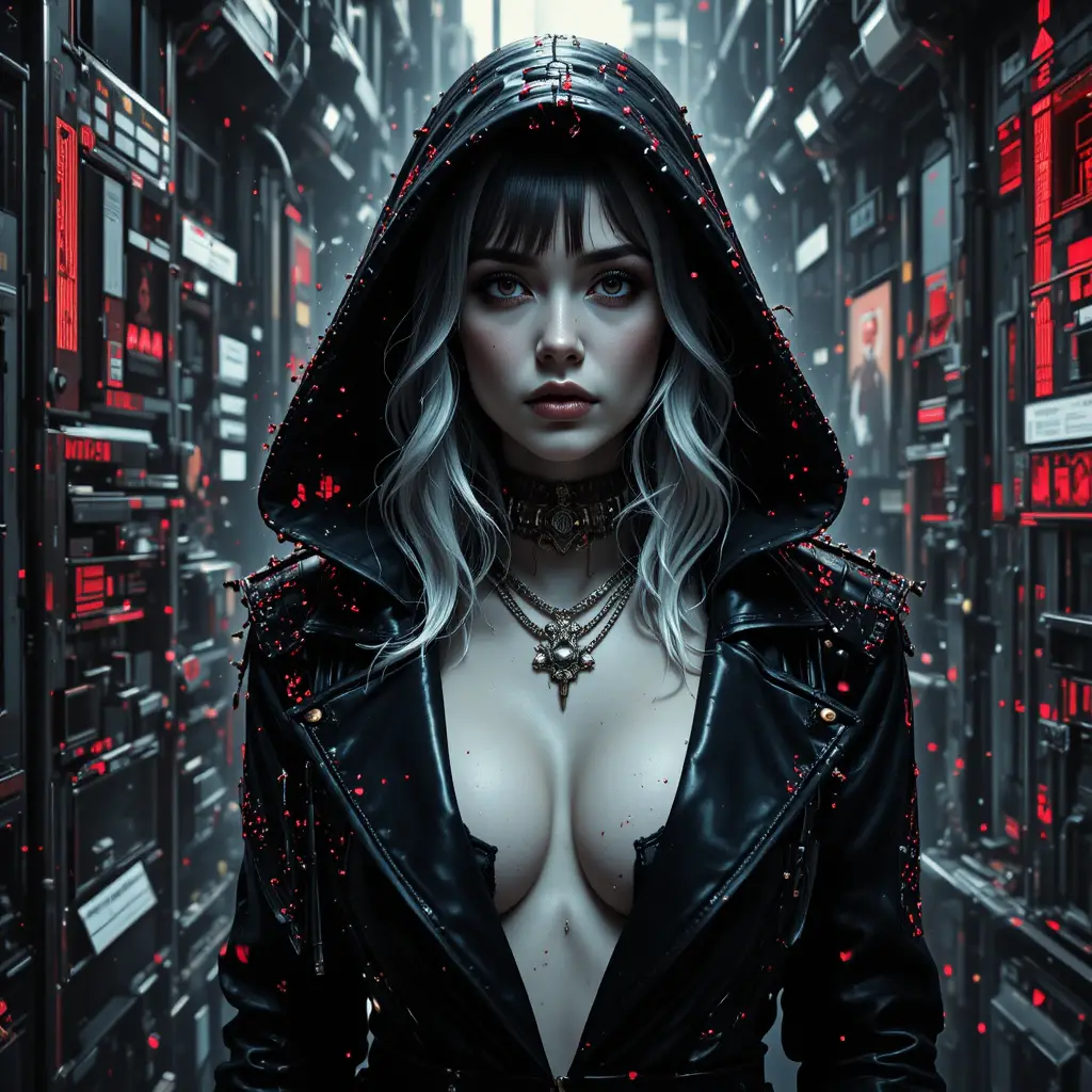 Portrait de femme fatale cyberpunk dans une tempête numérique glitchée