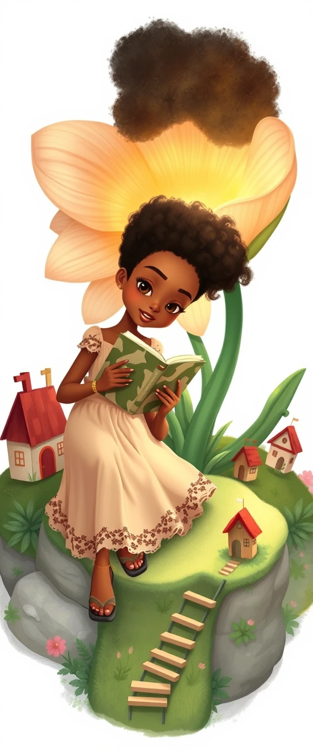 Ilustración de niña leyendo dentro de una flor mágica abierta