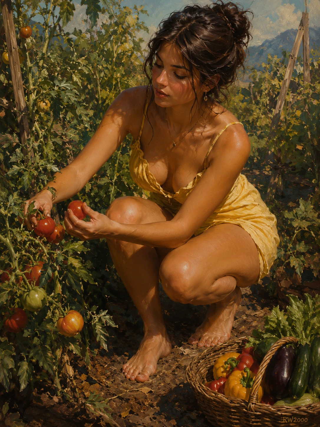 Joven recogiendo tomates en un jardín soleado