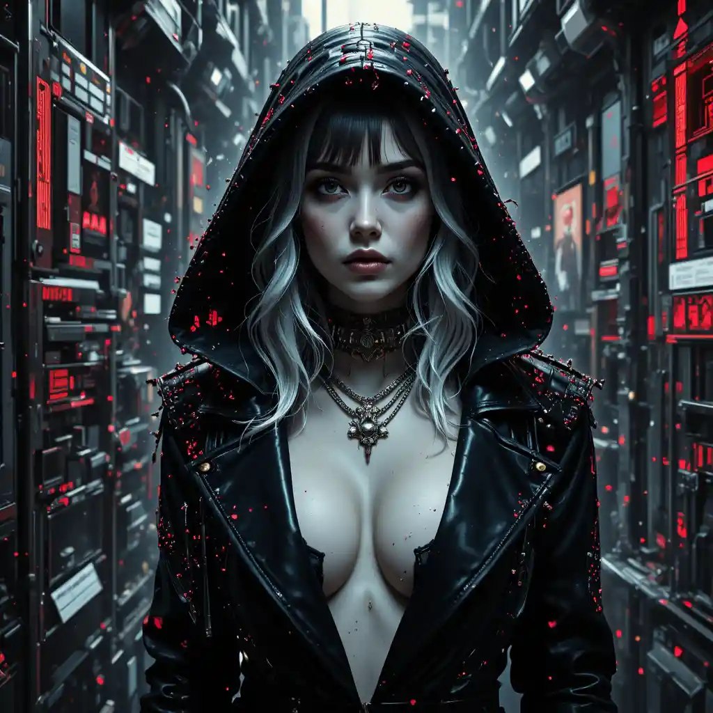 Portrait de femme fatale cyberpunk dans une tempête numérique glitchée