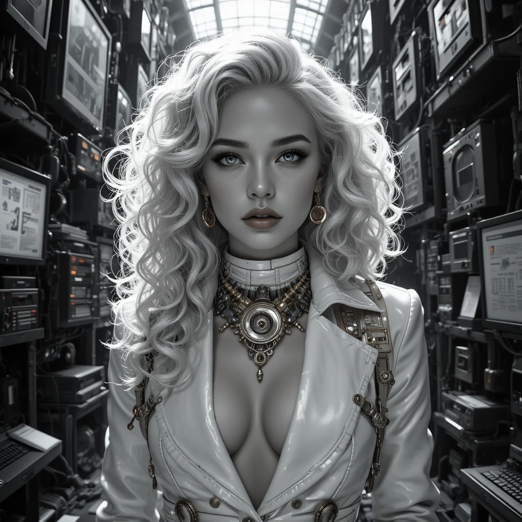 Mujer ciber steampunk intrépida en retrato dramático en primer plano