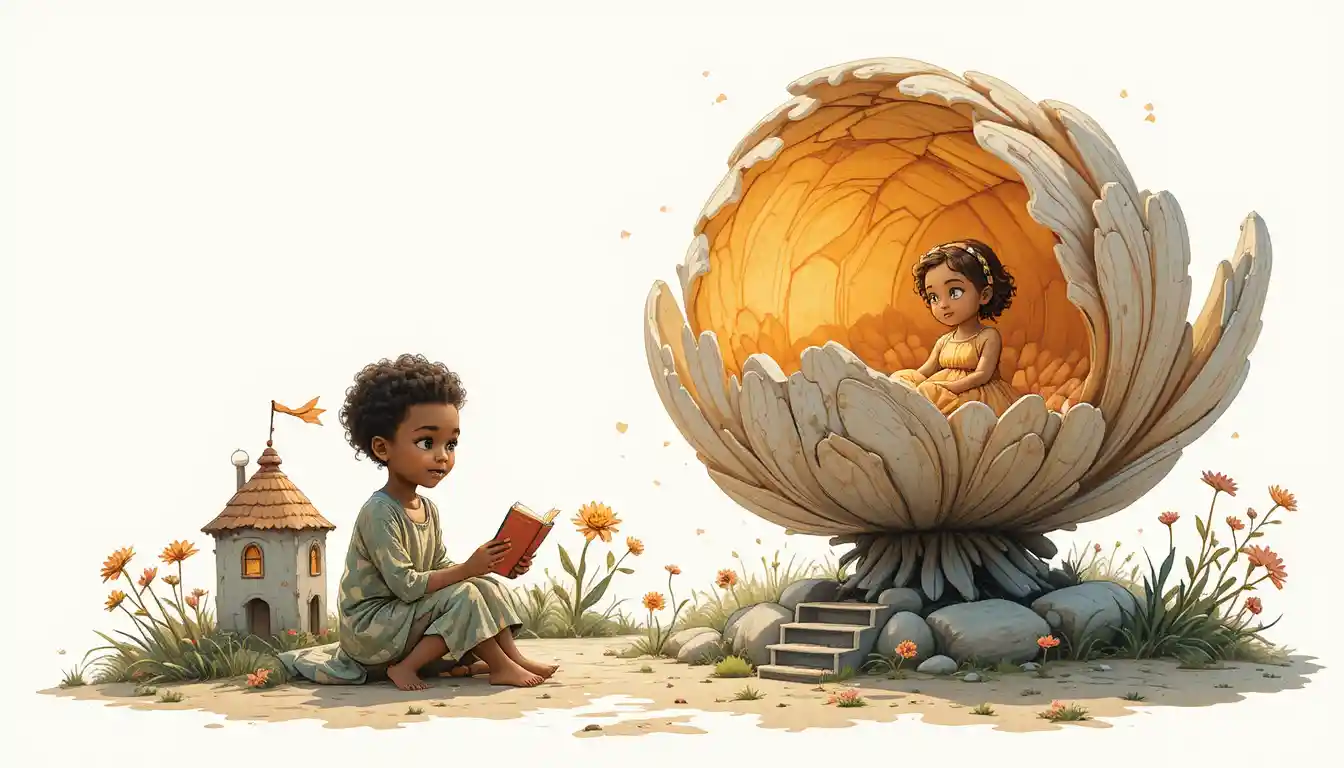 Girl Reading On A Giant Flower In Magical Landscape