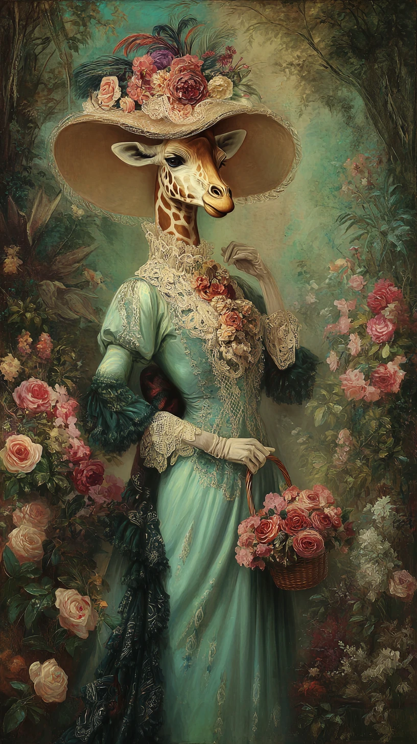 超現実的なバラの庭にいる絵画風キリンのポートレート