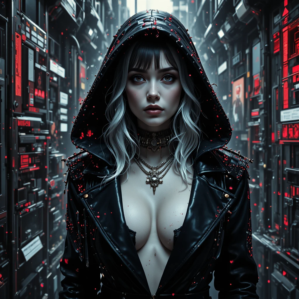 Retrato de femme fatale cyberpunk en una tormenta digital con glitches