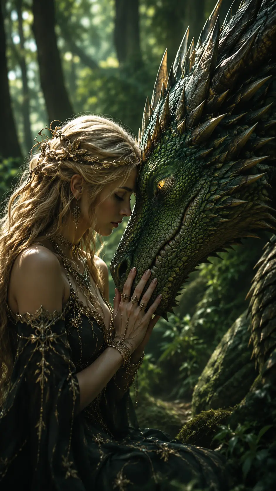 Mulher e dragão compartilhando um momento silencioso na floresta
