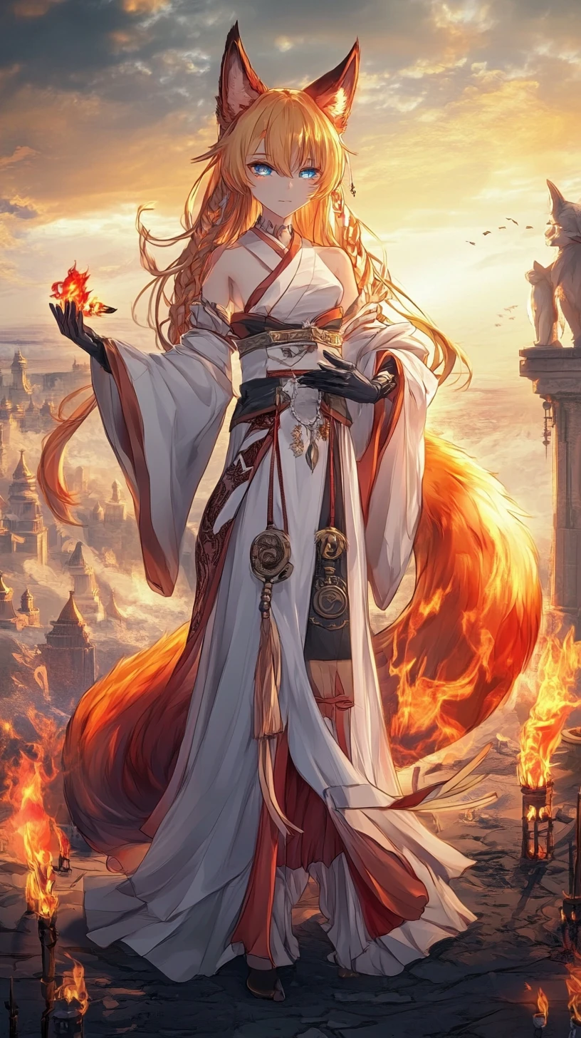 Chica zorro con vestido de llamas blancas en templo antiguo