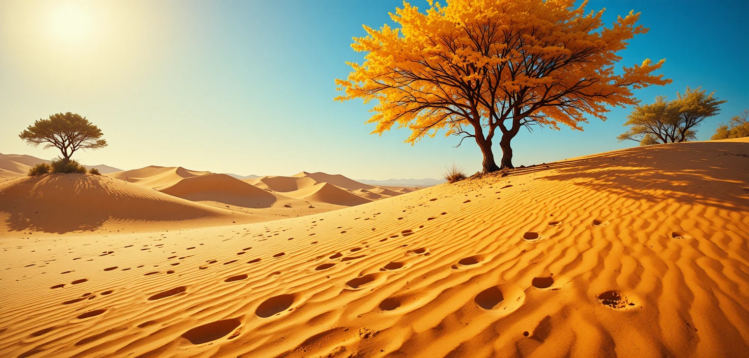 Dunas doradas del desierto con árboles y largas sombras