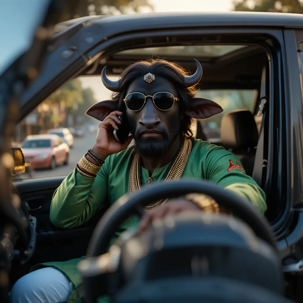 Buffle en kurta verte conduisant un SUV noir au coucher du soleil