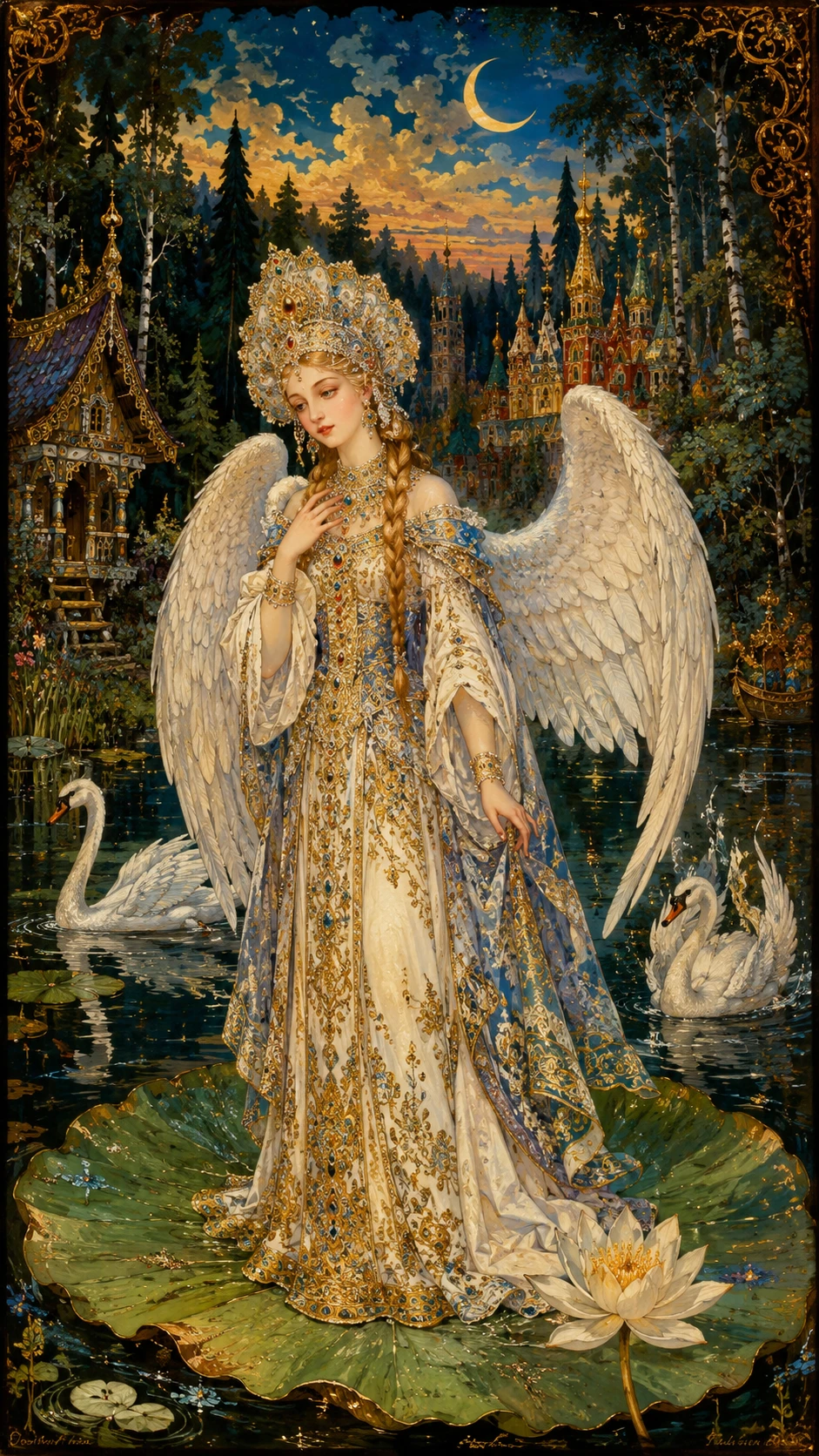 Princesa cisne de cuento de hadas en un lago de lirios de agua