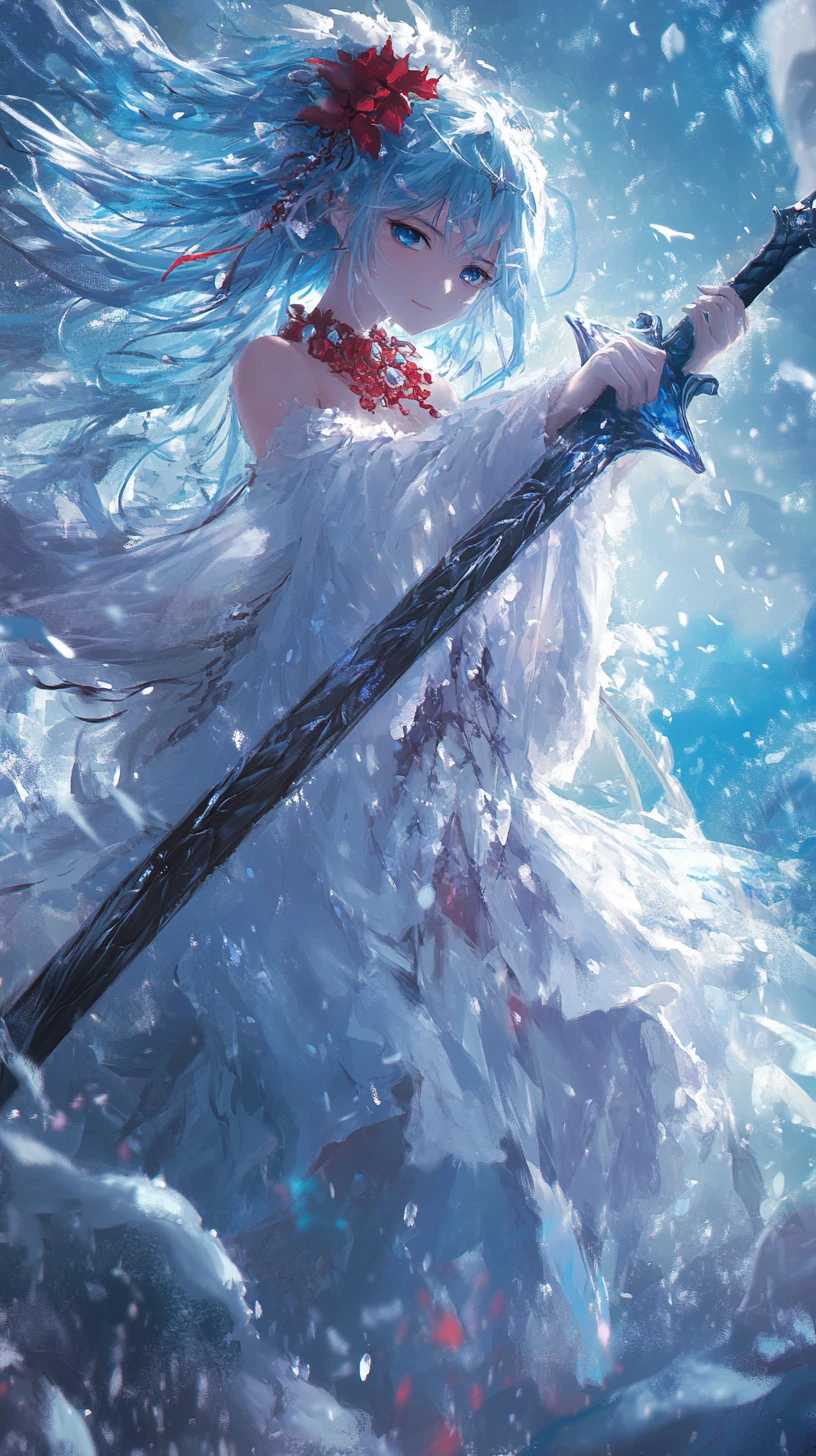 Elegante chica de anime de cabello azul empuñando una espada de hielo