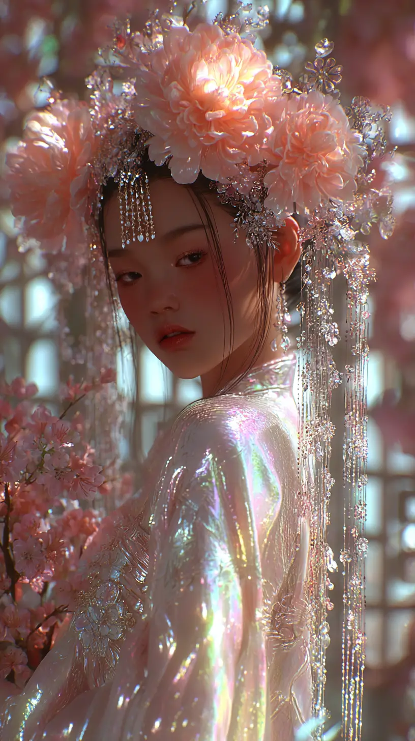Élégante femme d’Asie de l’Est en hanfu fluide avec des pivoines