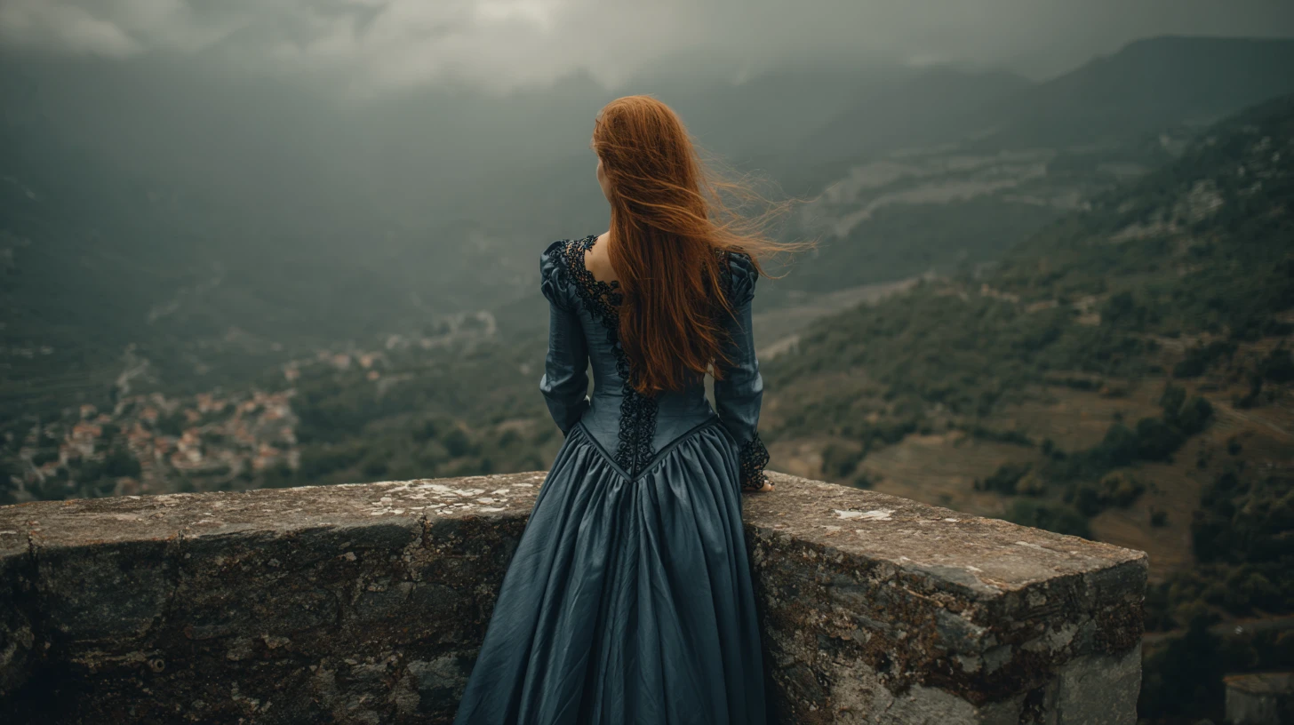 Chica pelirroja con vestido azul en el balcón de una torre de piedra