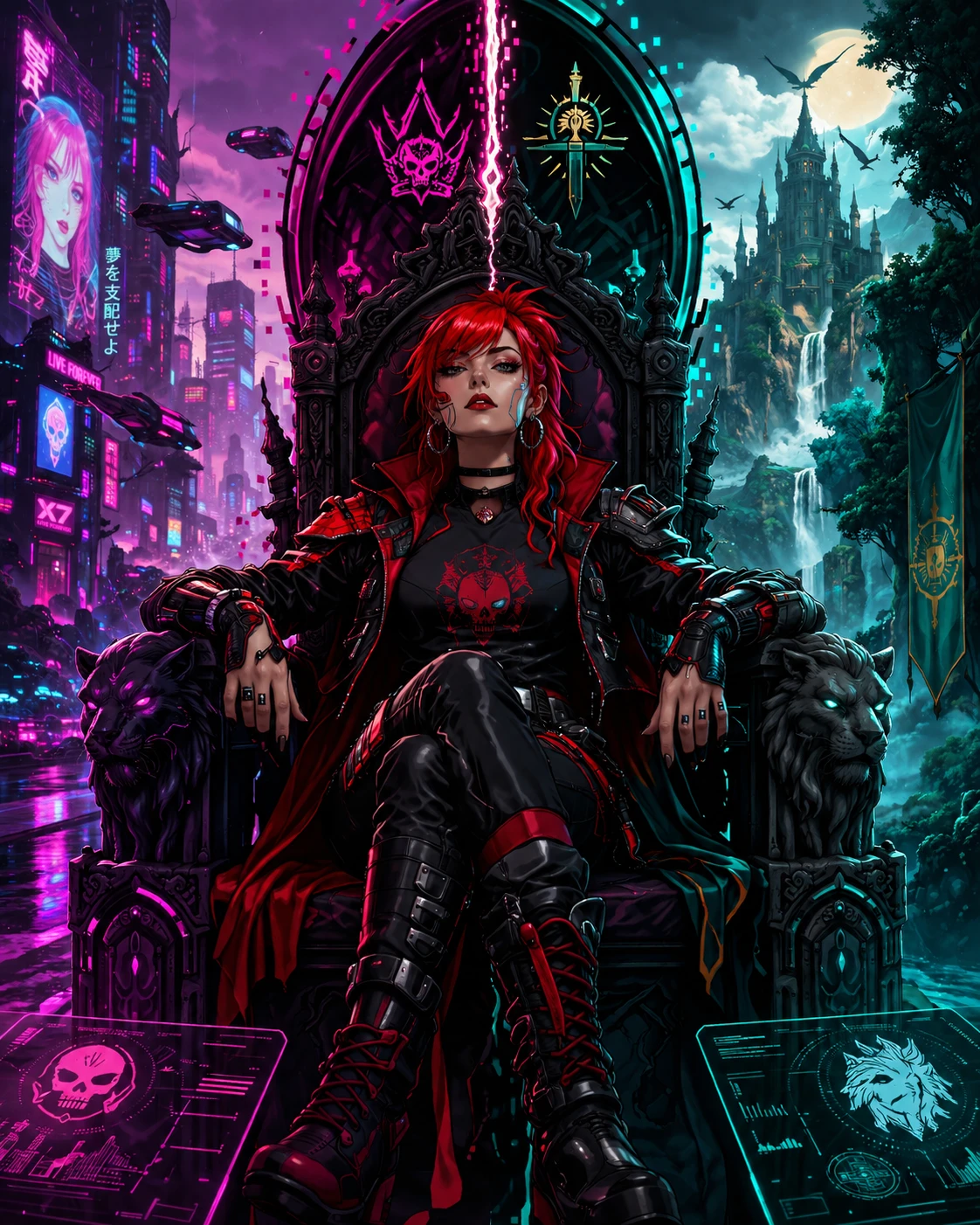 Gamer cyberpunk dai capelli rossi su un trono tra le realtà