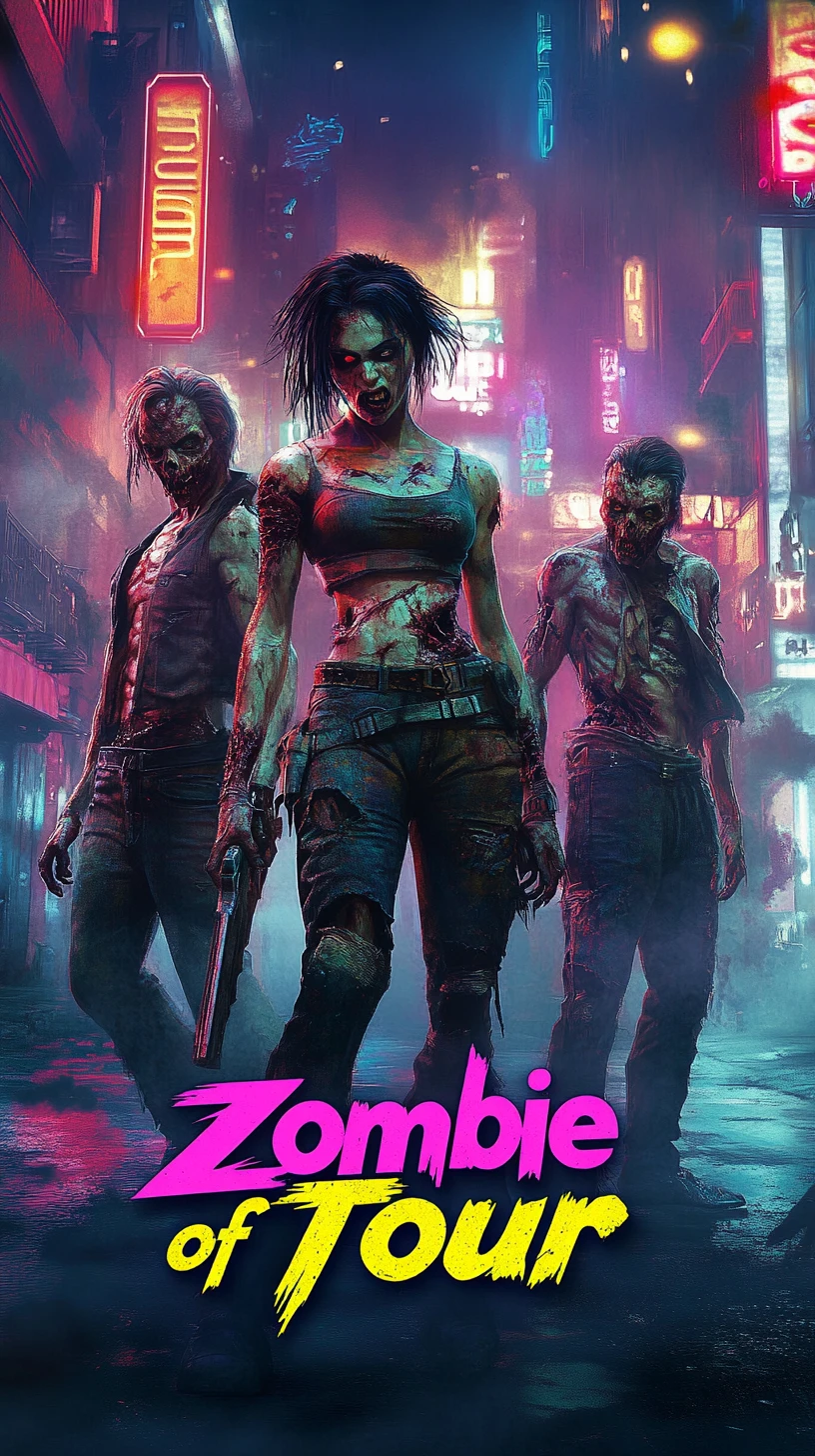 Three neon lit zombies against a vibrant futuristic background