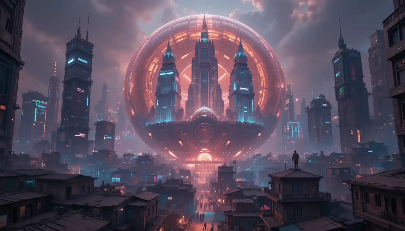 Futuristic Cairo cityscape under a giant transparent dome