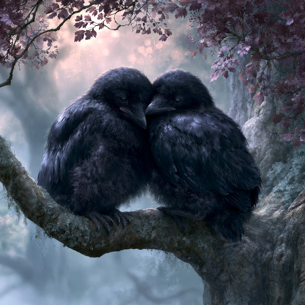 Two baby ravens cuddling on a branch in mystical forest