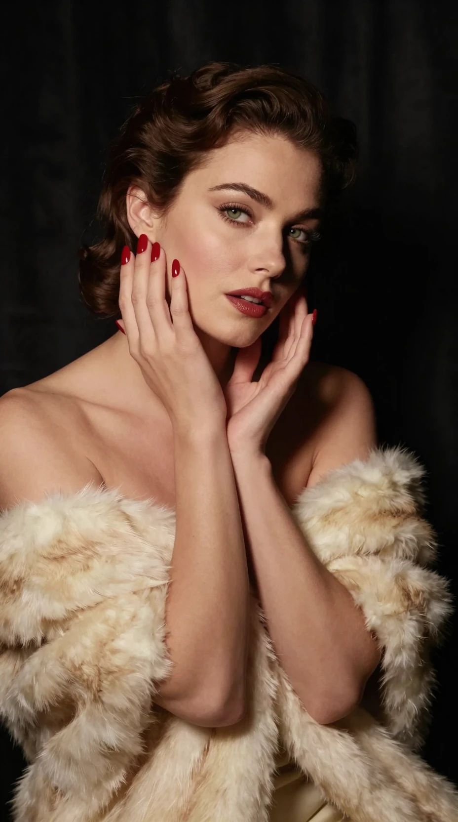 Elegant woman in cream dress intimate studio portrait