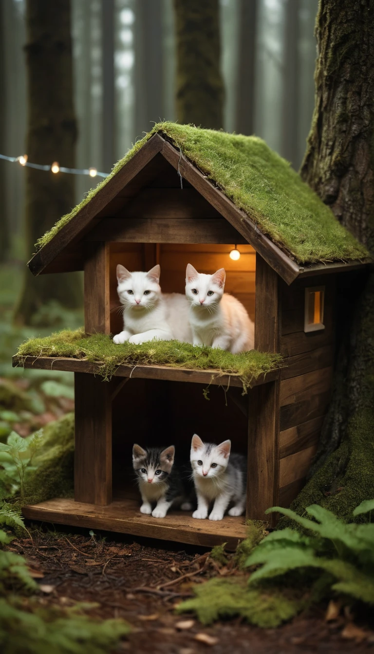 Acogedor refugio de madera para gatos en un bosque oscuro y lluvioso