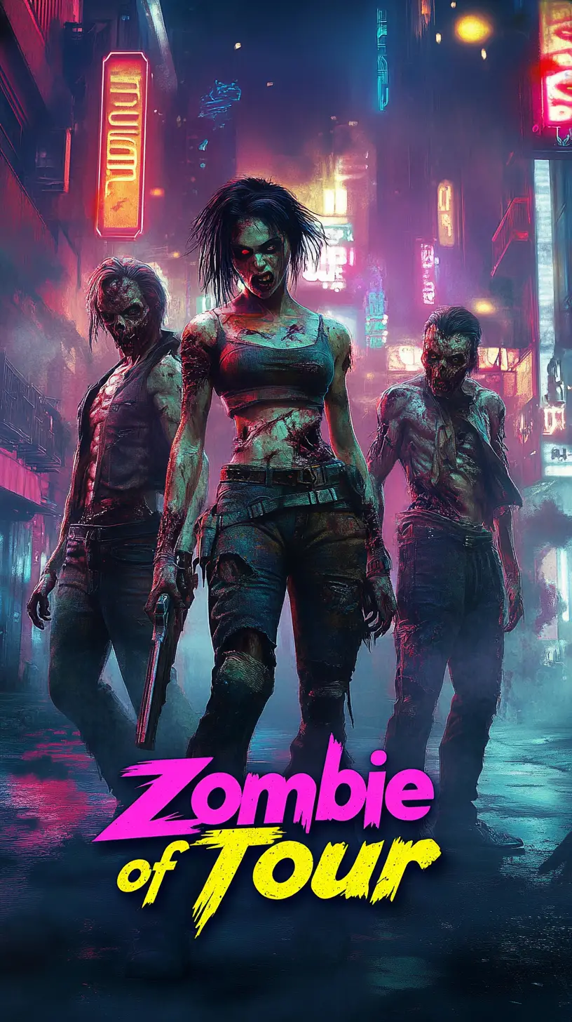 Trois zombies éclairés au néon sur un fond futuriste vibrant