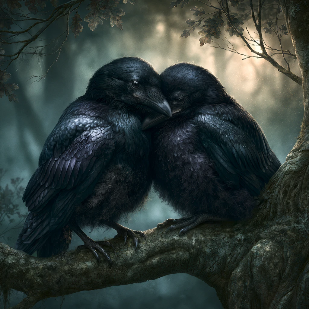 Two baby ravens cuddling on a branch in mystical forest