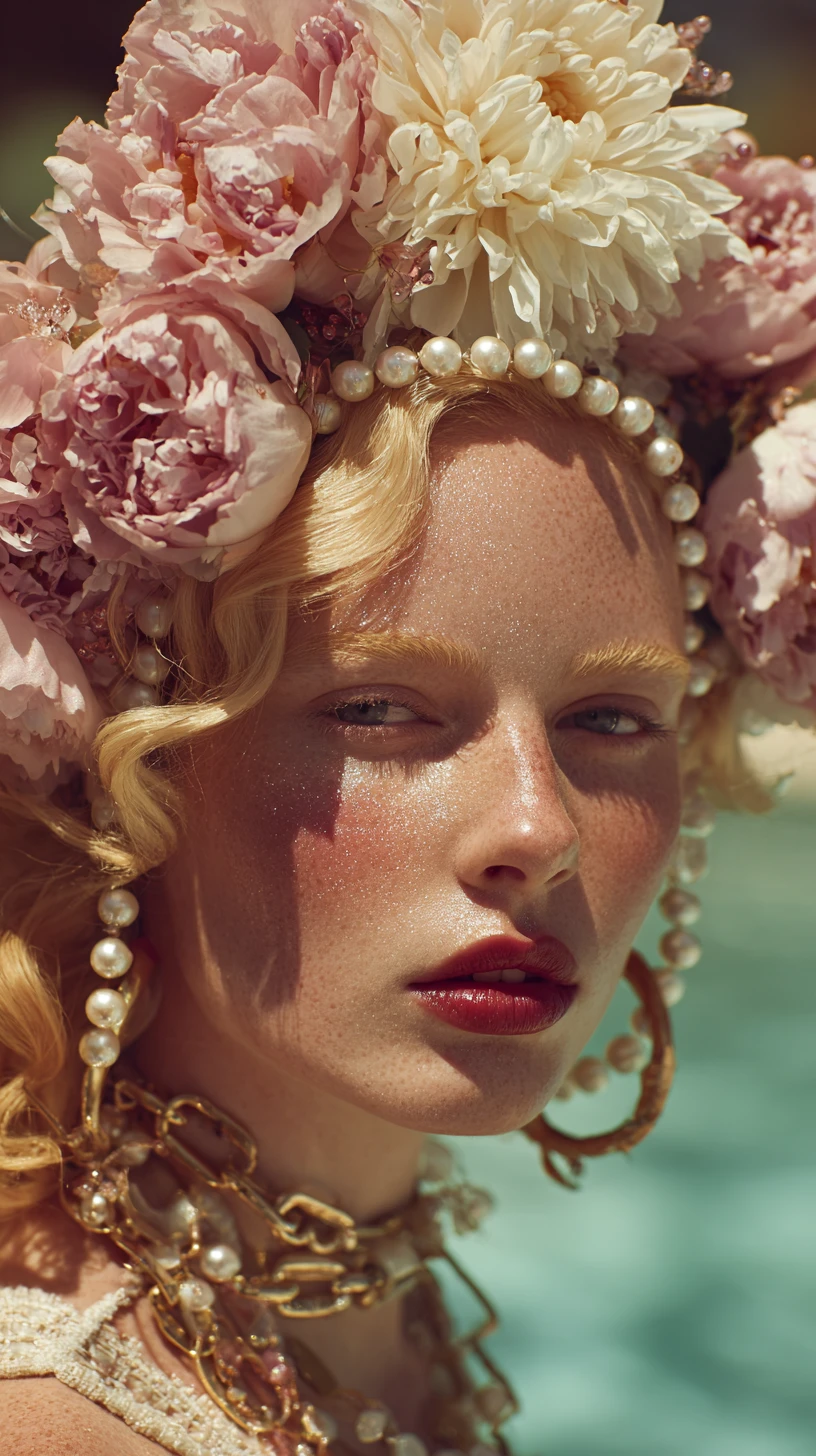 Retrato de moda en primer plano con tocado floral junto a la piscina