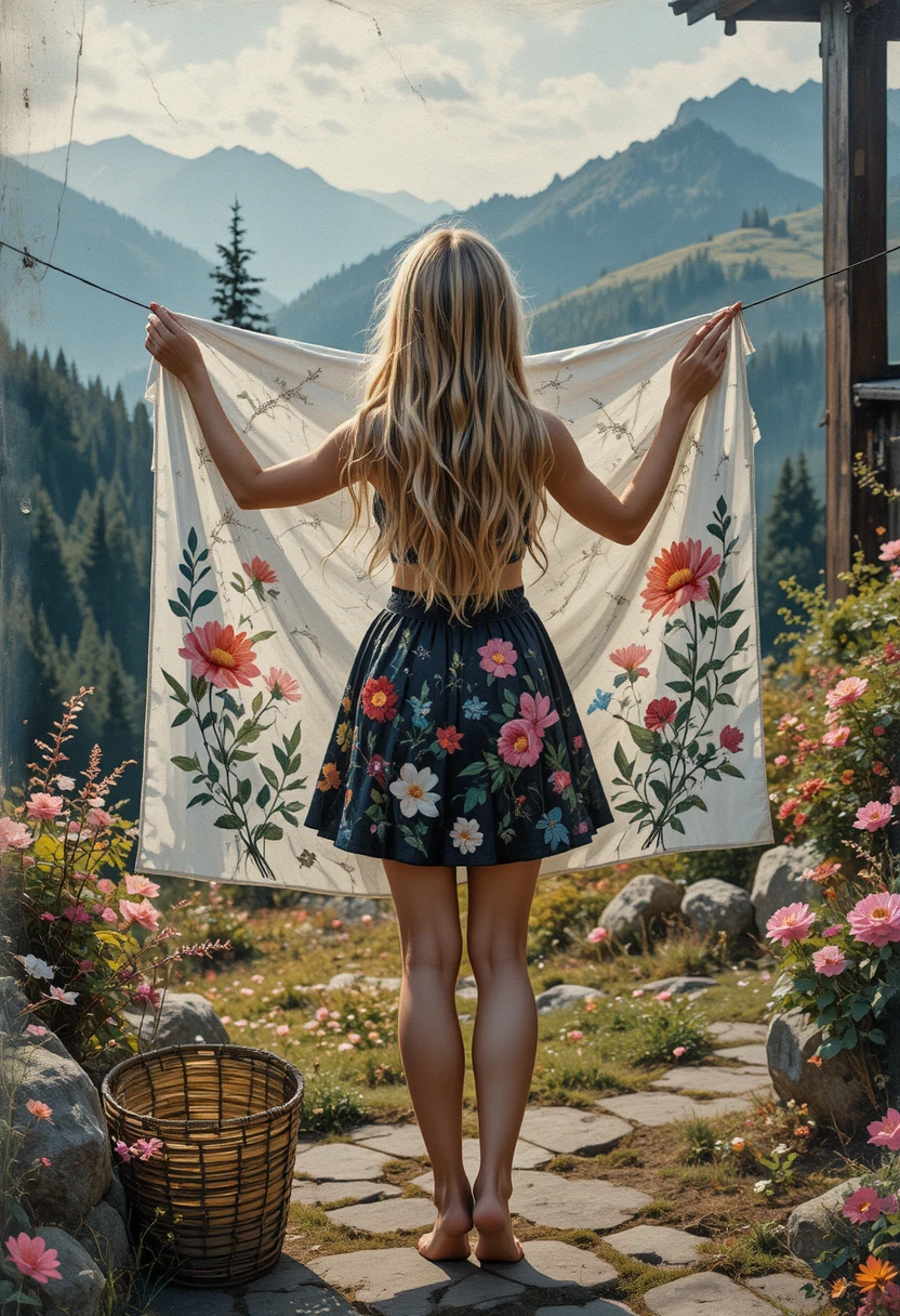 Chica tendiendo la ropa en el patio de una cabaña de montaña