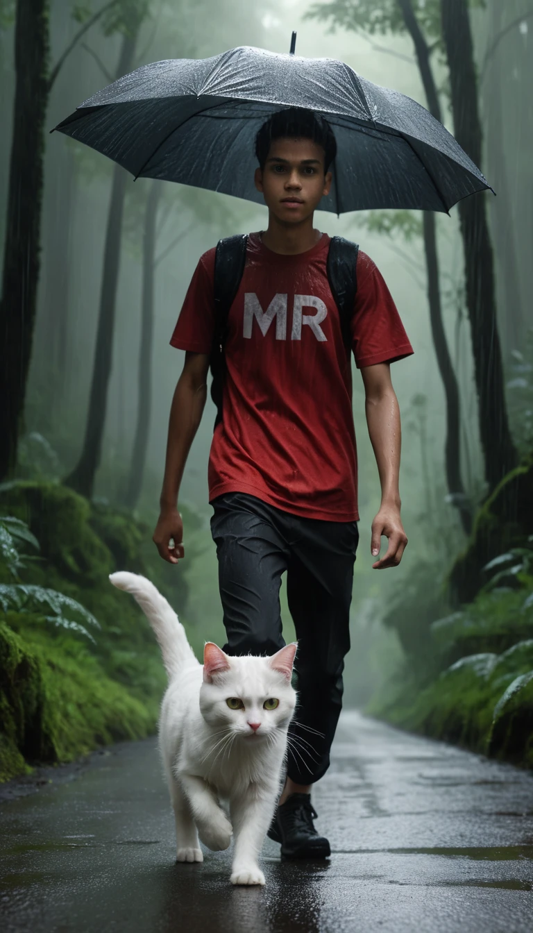 Adolescente con ombrello incontra un gatto bianco su una strada di foresta piovosa