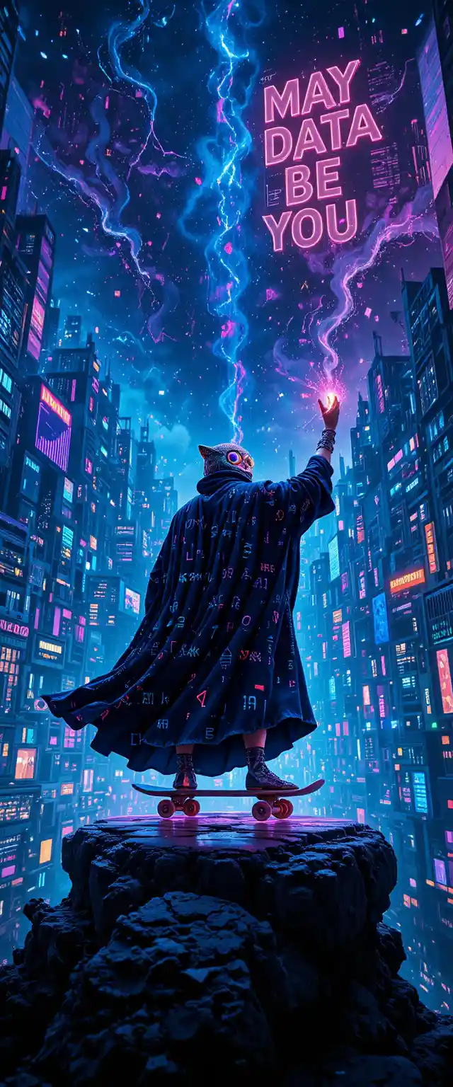 Mago de dados em cidade neon cercado por torres de planilhas brilhantes