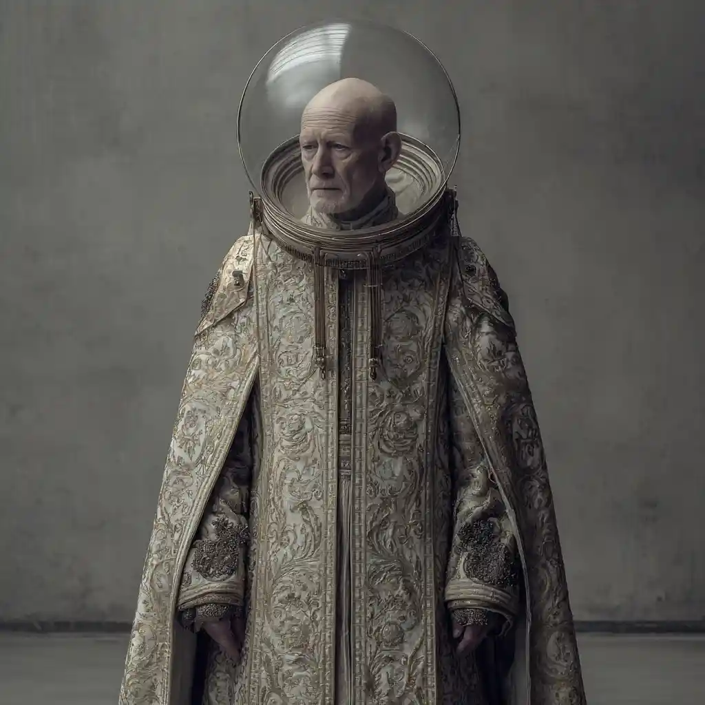 Anciano sacerdote de ciencia ficción con armadura ornamentada en el salón del templo