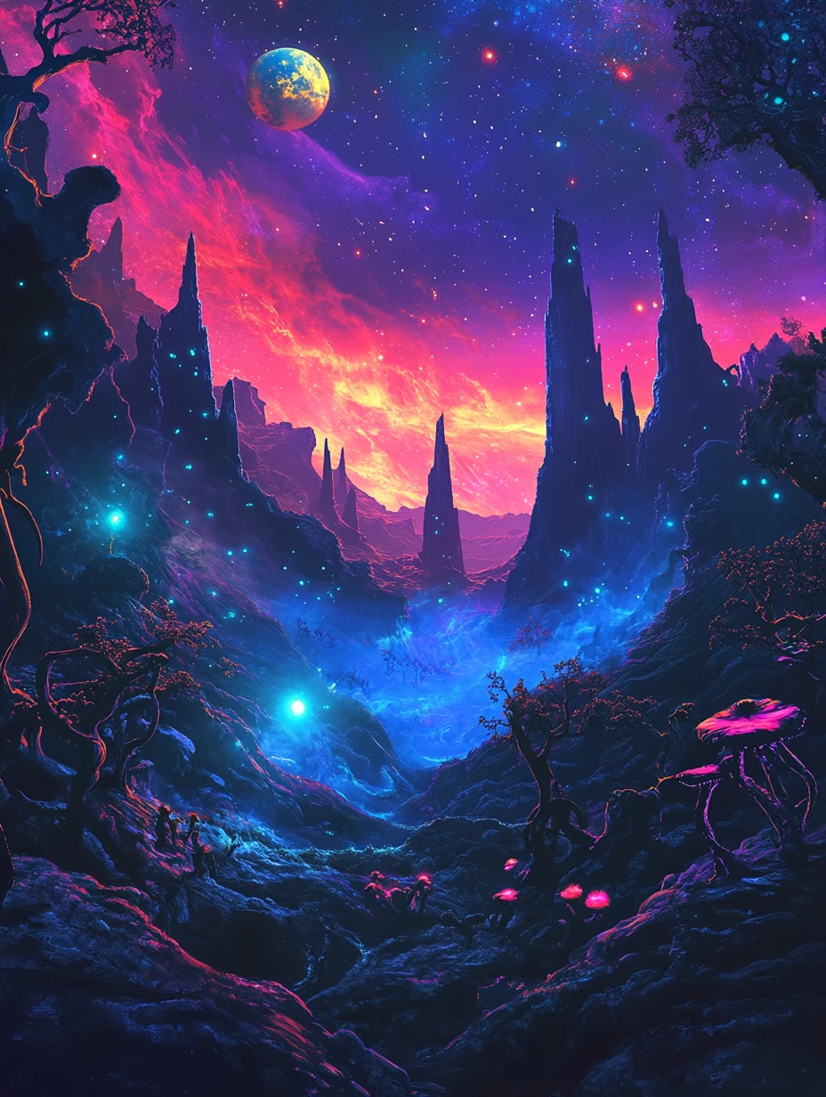 Paisaje alienígena con nebulosa luminosa y plantas bioluminiscentes
