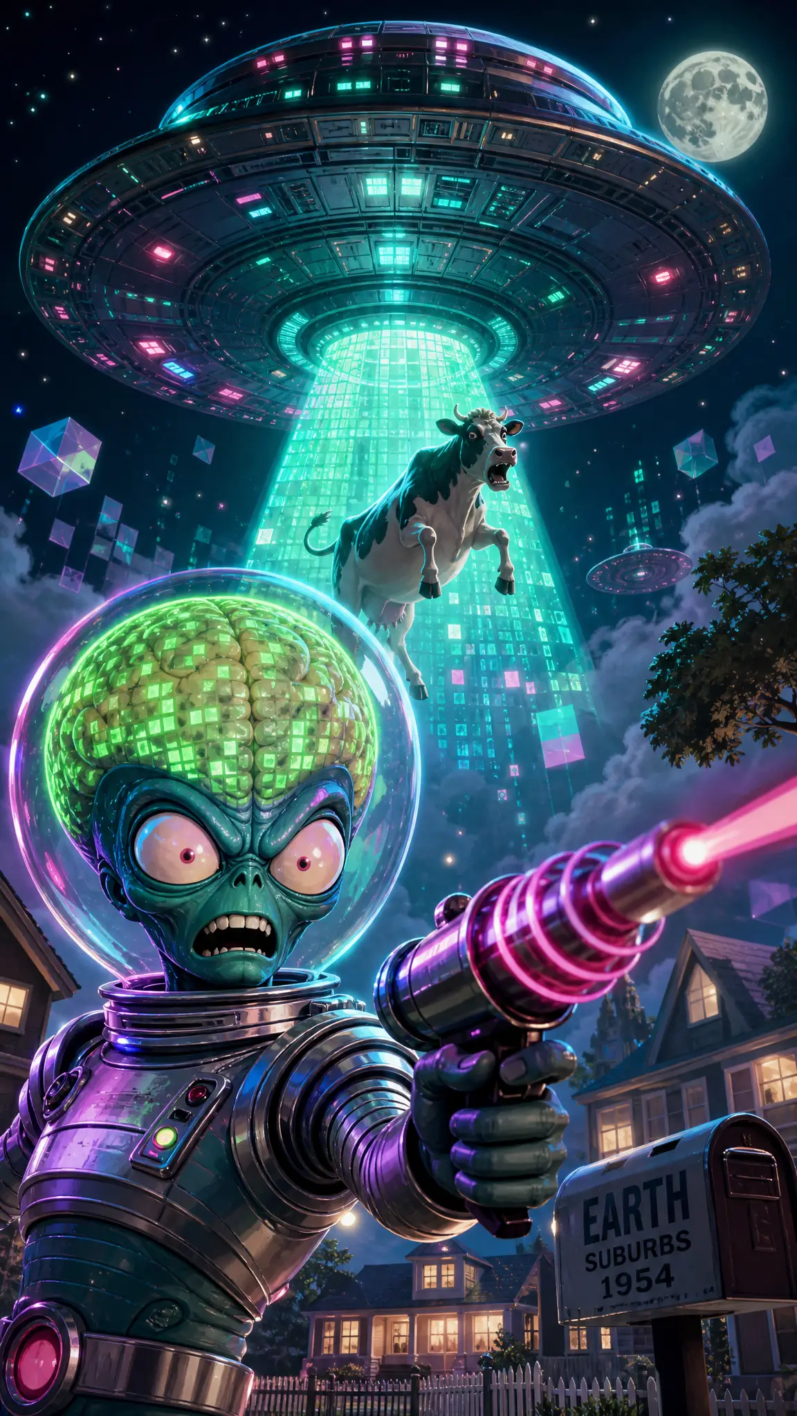 Enlèvement par OVNI rétro sci‑fi au‑dessus d’un quartier de banlieue