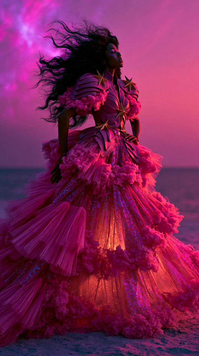 Mujer afrofuturista con alta costura de playa rosa celestial