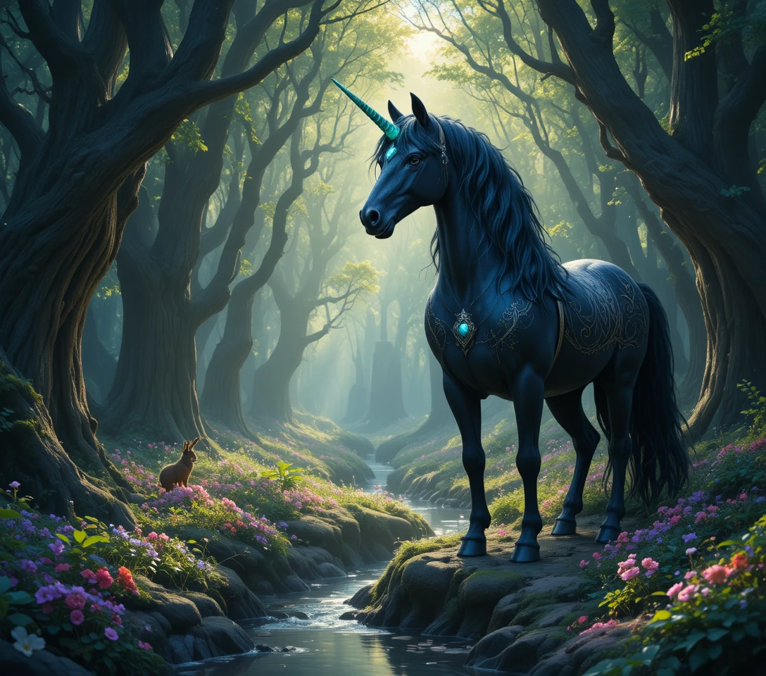Maestoso unicorno nero in un’antica foresta incantata