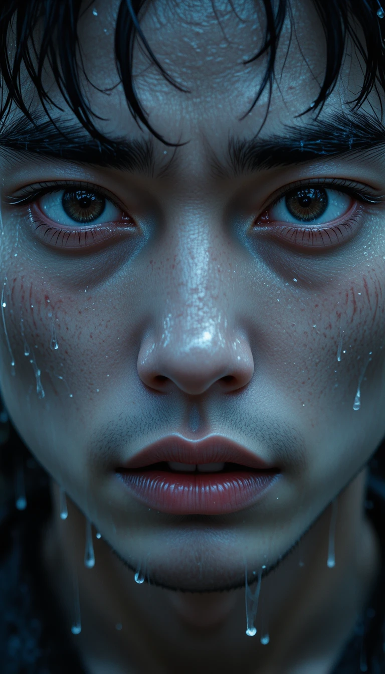 Close up manga portrait of a heartbroken young man
