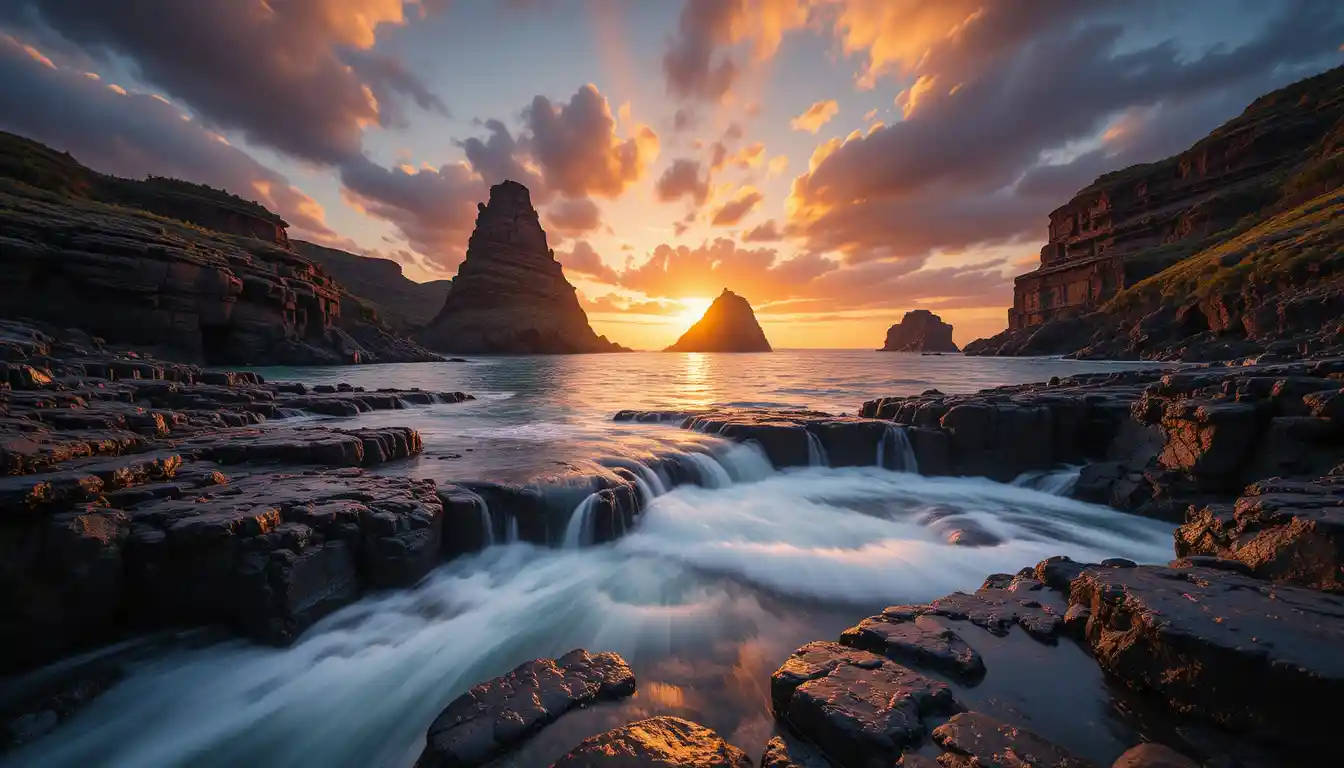 Paesaggio marino roccioso al tramonto con drammatico cielo dorato