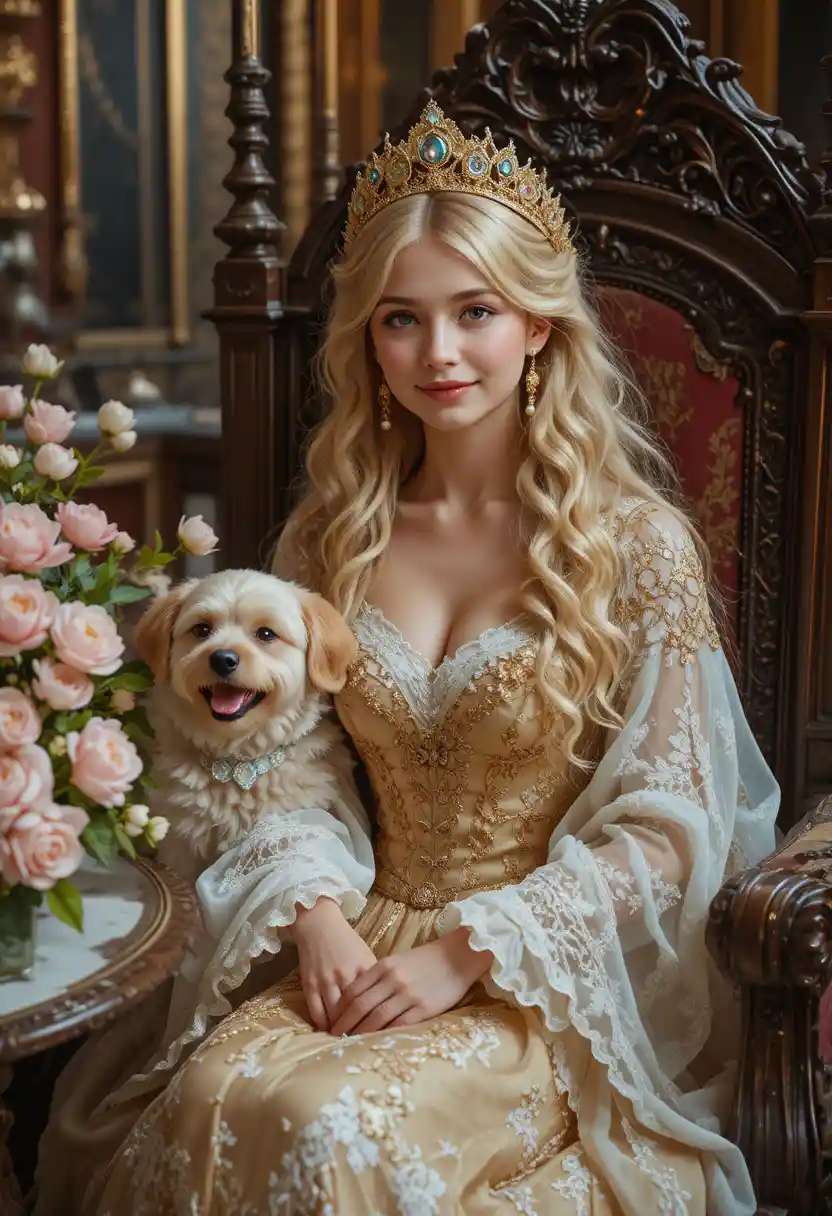 Princesa rubia con vestido dorado en el interior de un palacio