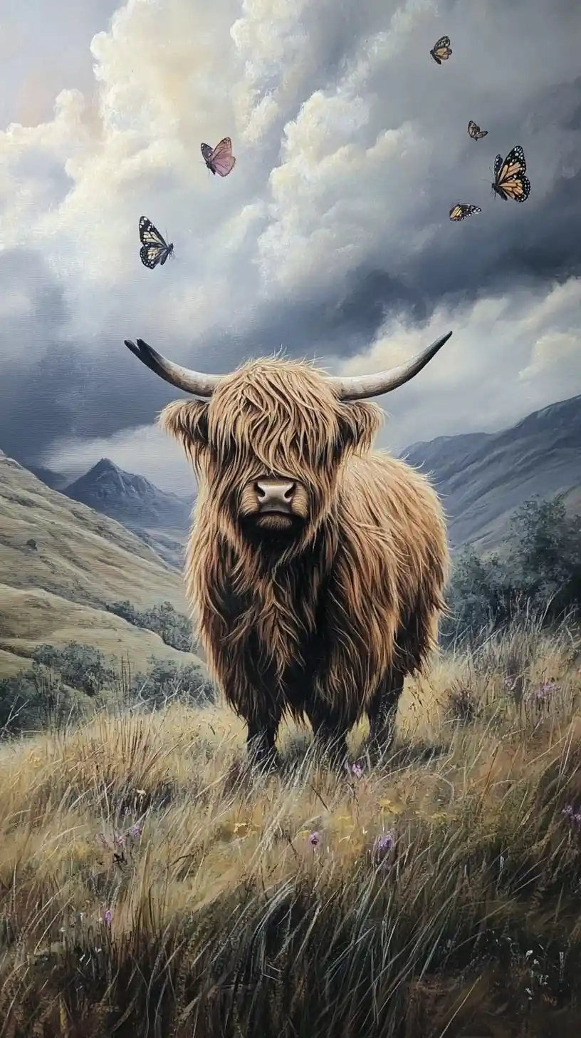 Vaca Highland de pie sobre colinas onduladas entre suaves nubes