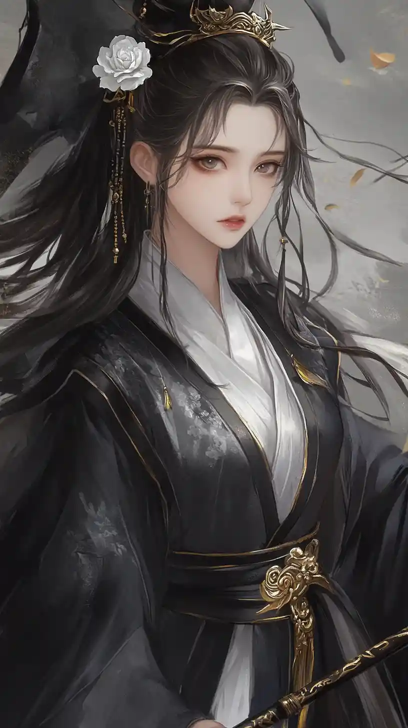 Garota de anime elegante com olhos prateados e cajado de serpente