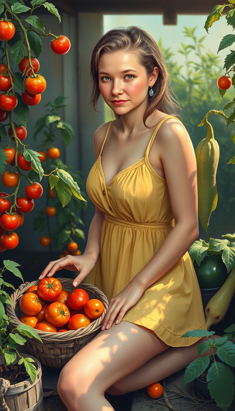 Italienisches Mädchen pflückt Tomaten im sonnigen Gemüsegarten