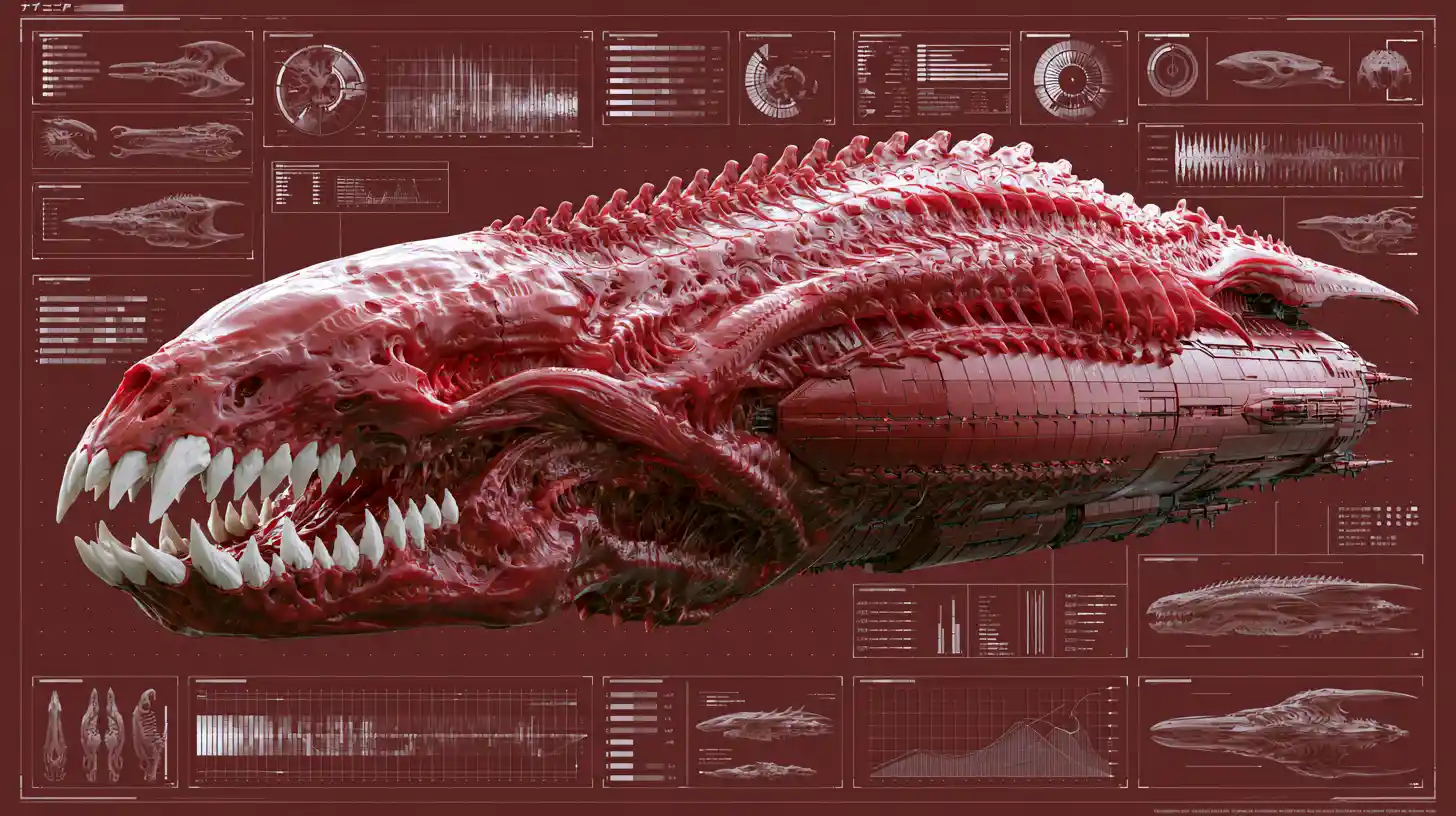 Alien skull space destroyer with organic armored hull