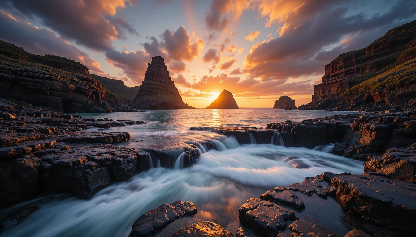 Paisaje marino rocoso al atardecer con dramático cielo dorado