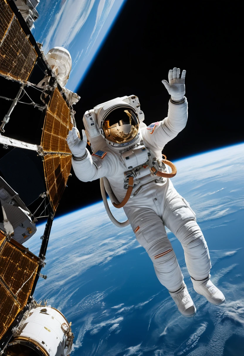 Astronauta in passeggiata spaziale accanto allo Space Shuttle sopra la Terra