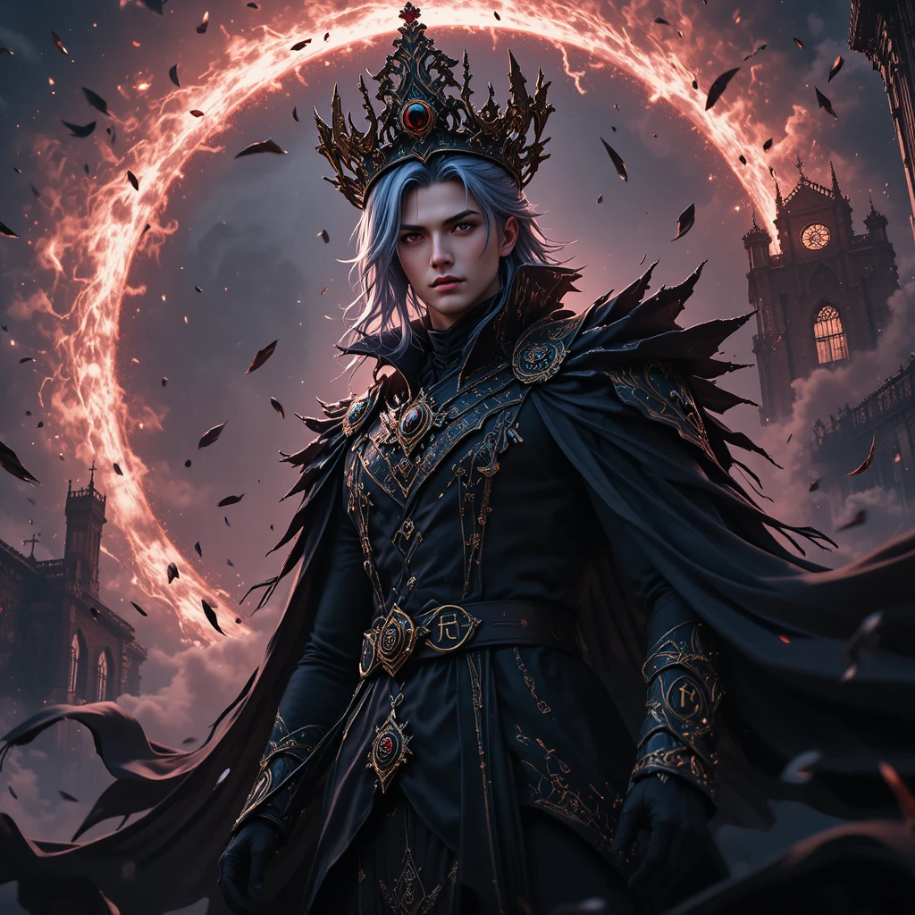 Rey de anime oscuro bajo un cielo de eclipse gigantesco