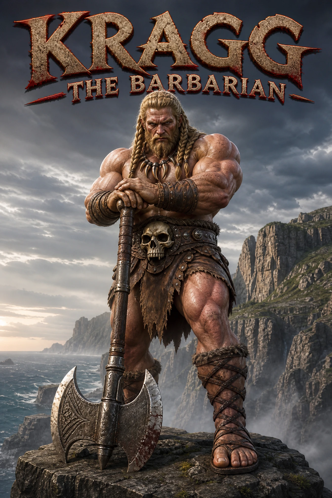 Muscular barbarian warrior on a rocky cliff with battle axe