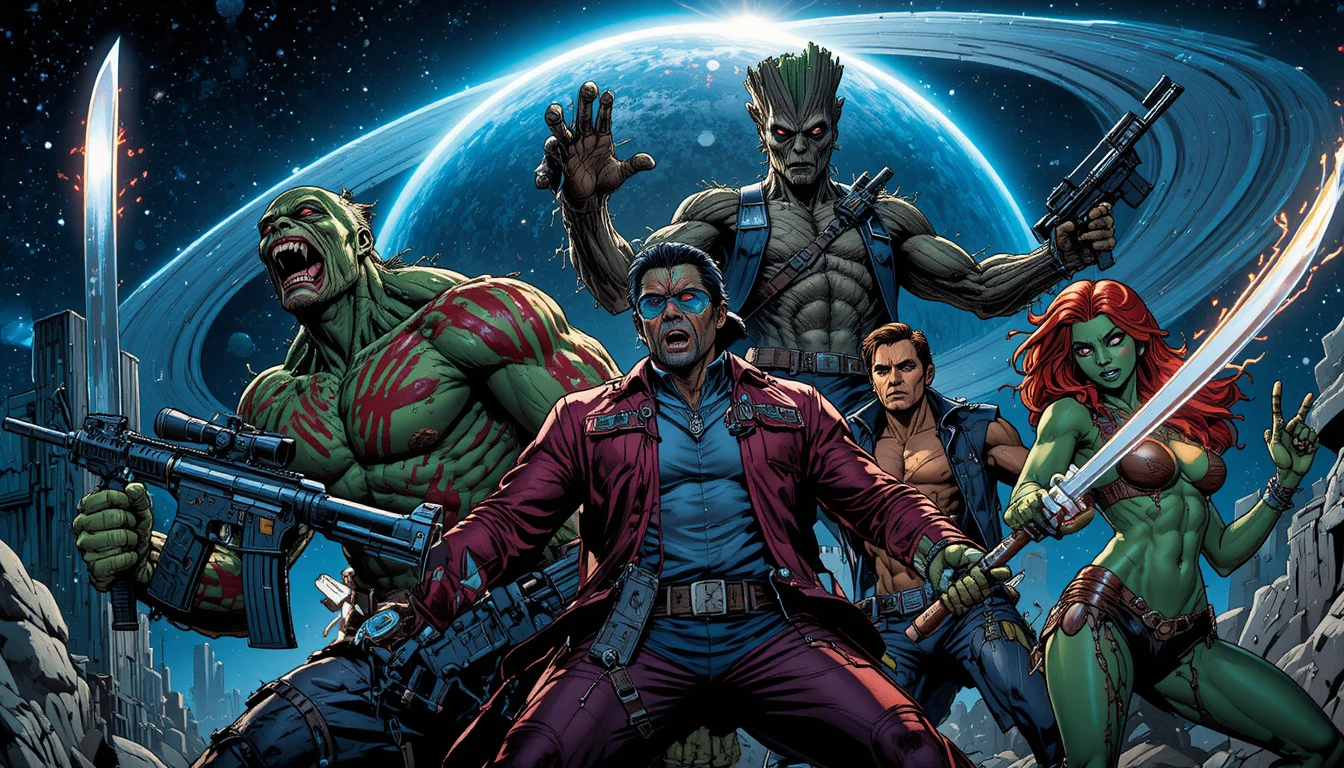 Guardianes en una batalla cósmica con estilo de cómic